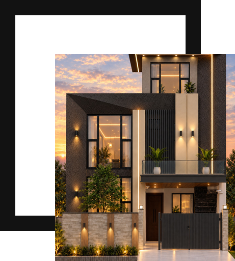 Modern house front elevation by ZK Architects and Builders